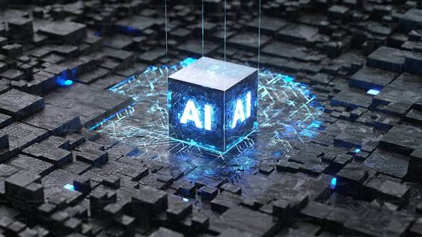 A glowing blue digital cube representing an artificial intelligence core