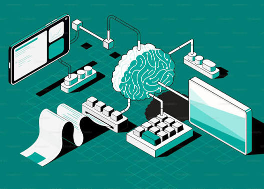 An isometric diagram of a central digital brain connected to multiple devices, illustrating the connection between various types of artificial intelligence.